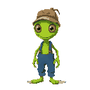 hand-drawn green alien wearing a fishing hat and wearing blue waders, smiling