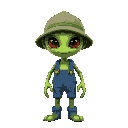 green alien wearing a fishing hat and wearing blue waders