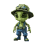 green alien wearing a fishing hat and wearing blue waders