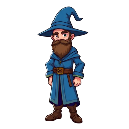 this character is a blue mage. he wears a long blue robe with a pointed wizard hat, a brown belt, and brown boots. his beard is short and brownmystical look.