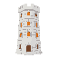 tower of white stone with 10 levels, port holes and the layer of blocks below the portholes are illuminated