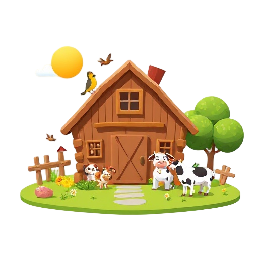 generate farm house with birds and pets, cow, dog sunny summer day 