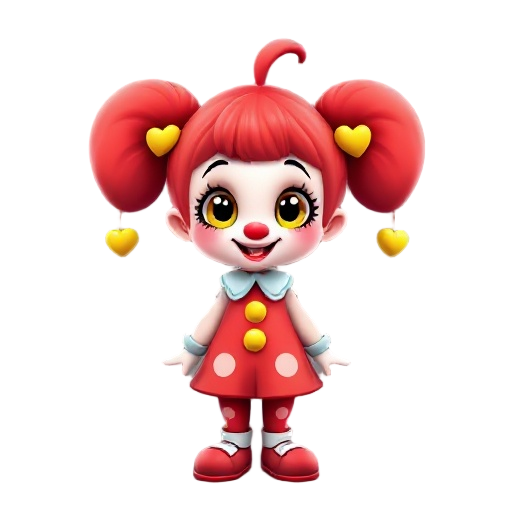a cute cartoon clown girl with a playful and vibrant design. she has big, fluffy red pigtails shaped like hearts, decorated with yellow or golden heart-shaped hair clips. her eyes are large with yello