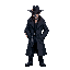 cyberpunk detective in a neon-lit underground city. the character should be wearing a dark trench coat, a fedora, and holding a futuristic gun. 