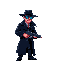 create a series of individual pixel art animations of a cyberpunk detective in a neon-lit underground city. the character should be wearing a dark trench coat, a fedora, and holding a futuristic gun. 