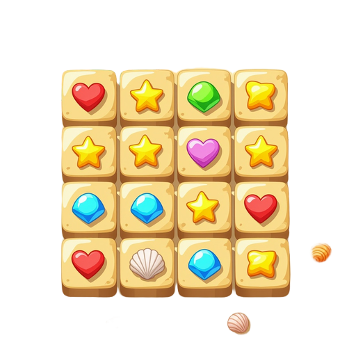 2d square match-3 puzzle game tile, top-down view, bright summer theme. sandy texture tile with scattered tiny pebbles and sea shells. no gem or piece on it. vibrant cartoon colors, mobile puzzle ui a