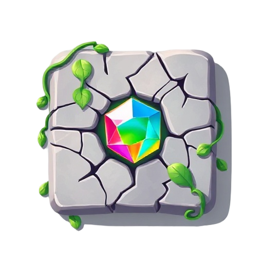 match-3 puzzle game tile, square stone cover with cracks and vines, colorful gem inside, bright cartoon 2d style, top-down view, mobile game asset, vibrant colors, clean simple background