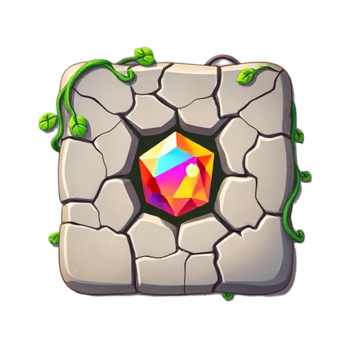 match-3 puzzle game tile, square stone cover with cracks and vines, colorful gem inside, bright cartoon 2d style, top-down view, mobile game asset, vibrant colors, clean simple background