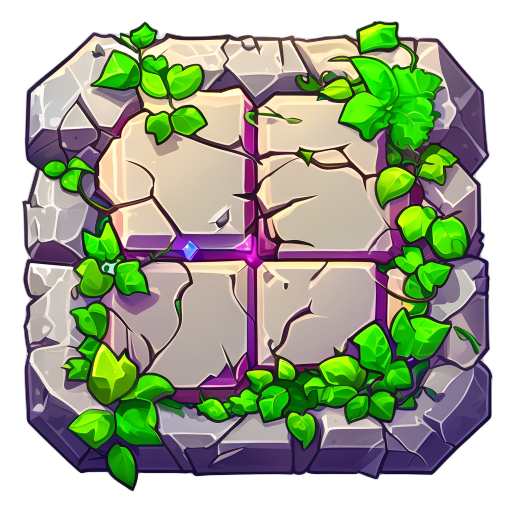 match-3 puzzle game tile, square stone cover with cracks and vines, colorful gem inside, bright cartoon 2d style, top-down view, mobile game asset, vibrant colors, clean simple background
