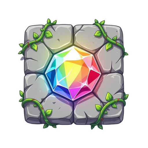 match-3 puzzle game tile, square stone cover with cracks and vines, colorful gem inside, bright cartoon 2d style, top-down view, mobile game asset, vibrant colors, clean simple background