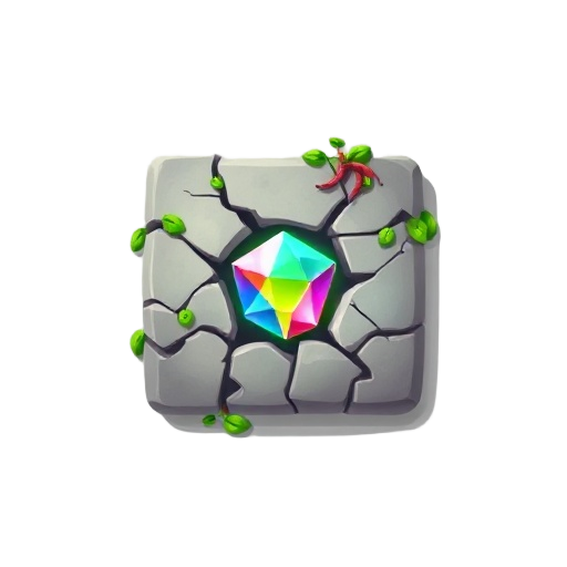 match-3 puzzle game tile, square stone cover with cracks and vines, colorful gem inside, bright cartoon 2d style, top-down view, mobile game asset, vibrant colors, clean simple background