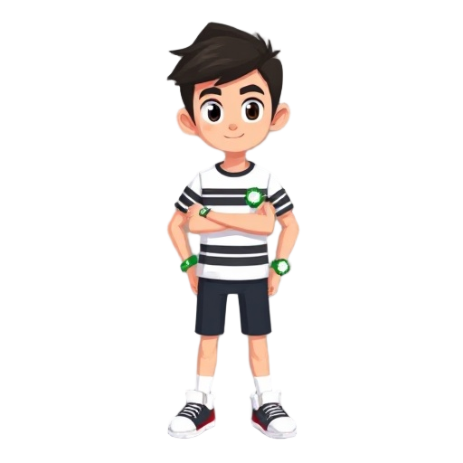 gaming assets , pixel charachter full body sprite , ben ten , green watch , white shirt with black stripes on the , boy