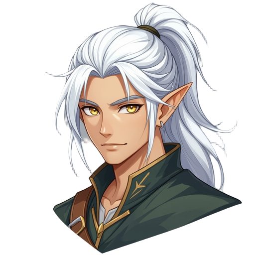 elven man with white hair tied into a ponytail and golden eyes in final fantasy tactics artstyle, looks boyish