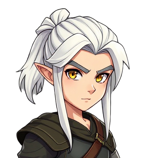 elven man with white hair tied into a ponytail and golden eyes in final fantasy tactics artstyle