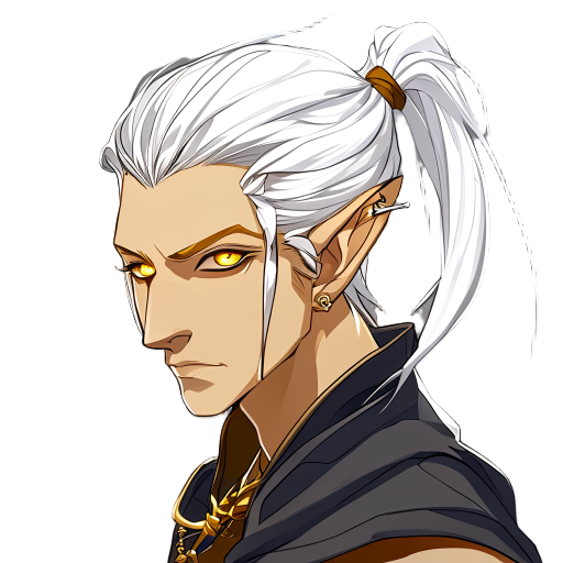elven man with white hair tied into a ponytail and golden eyes in final fantasy tactics artstyle