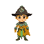 yellow man, black hat, small silver armor, green sword