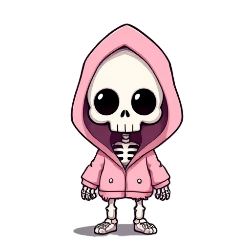 a chibi skeleton character wearing a pastel pink hoodie with a hood up. the hoodie looks slightly oversized and has a few noticeable tatters at the sleeves and hem. the skeleton’s skull face is cute and round, with big black eye sockets glowing faintly pi
