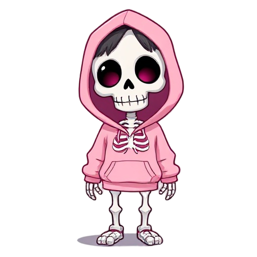 a chibi skeleton character wearing a pastel pink hoodie with a hood up. the hoodie looks slightly oversized and has a few noticeable tatters at the sleeves and hem. the skeleton’s skull face is cute and round, with big black eye sockets glowing faintly pi