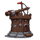 a medieval-style turret with a reinforced metal base and a large ballista-like launcher mounted on top. the launcher is made of dark brown wood with silver metal reinforcements and a tensioned bowstri