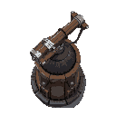a sturdy, medieval-style turret with a reinforced metal base. a large crossbow-like launcher sits on top, made of dark brown wood with silver reinforcements.