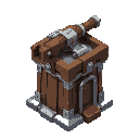 a sturdy, medieval-style turret with a reinforced metal base. a large crossbow-like launcher sits on top, made of dark brown wood with silver reinforcements.