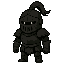create a sprite of a knight with black armor and a ponytail helmet with some rag details