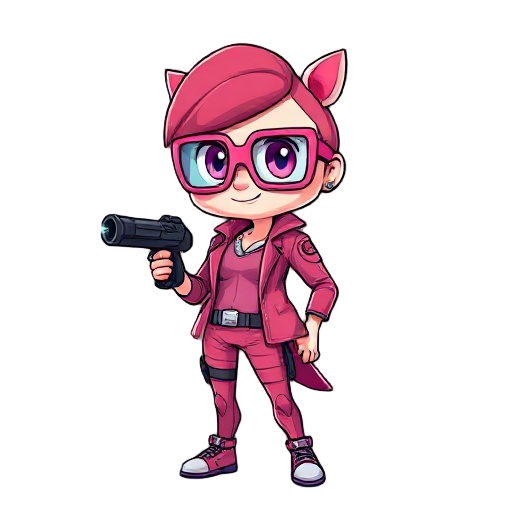 garotade oculos fofa com vestido rosa e uma pistola laser podendo chutar e atirar tijolos