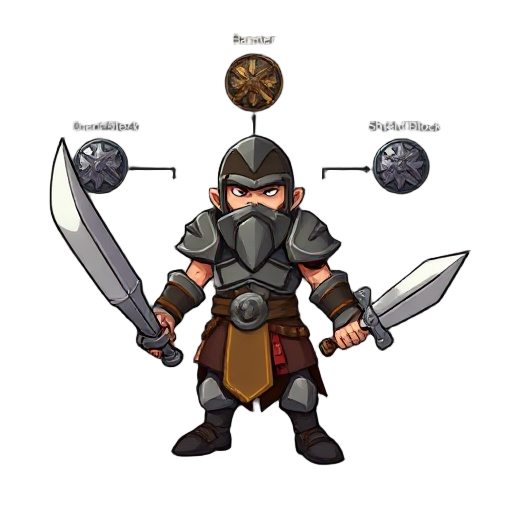 i am making a game, i need an image for my game's skill tree, game is brotato like,fighter (warrior): branch into a guardian (heavy armor, shield-block, taunts), a berserker (two-handed weapons, rage bonuses, bleed effects), 
