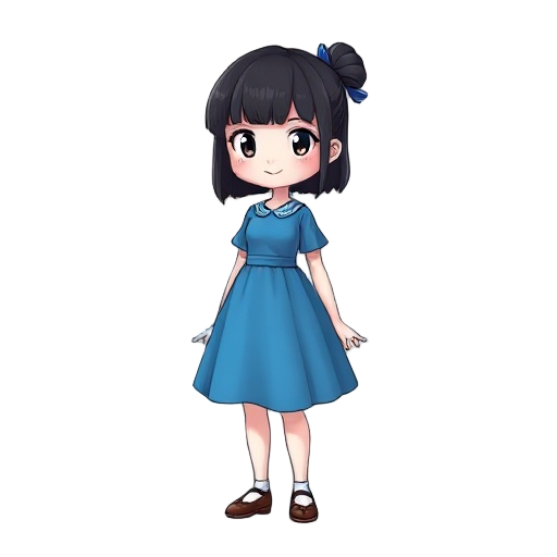 girl with black hair and white skin in a blue dress 