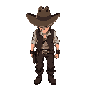 butch outlaw maeve idle sprite. broad hat shadow, vest over shirt, tough pants, boots. cigarette firmly in mouth, angled down. solid, steady stance. western dust.