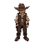 butch outlaw maeve idle sprite. broad hat shadow, vest over shirt, tough pants, boots. cigarette firmly in mouth, angled down. solid, steady stance. western dust.