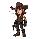 outlaw maeve sprite, butch, cowboy hat, vest, boots. idle pose, cigarette smoke. gritty western atmosphere, looking slightly down.