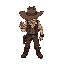 butch outlaw maeve idle sprite. broad hat shadow, vest over shirt, tough pants, boots. cigarette firmly in mouth, angled down. solid, steady stance. western dust.
