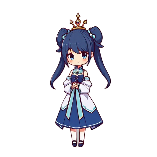 female character inspired by furina from genshin impact. wearing a blue and white dress, long twin ponytails, small crown or hat. noble and theatrical vibe. stylized, clean silhouette.