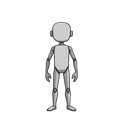 a minimalist 2d grayscale humanoid character with basic geometric shapes forming its structure. the default character is designed for a 2d demo game and stands in an idle pose, showcasing simplicity