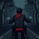 a dark and eerie pixel art scene viewed from the back of a man wearing a cap and a red face bandana. he is riding a chopper motorcycle down a foggy road. the road is surrounded by dark trees, and the 