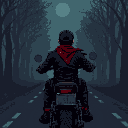 a dark and eerie pixel art scene viewed from the back of a man wearing a cap and a red face bandana. he is riding a chopper motorcycle down a foggy road. the road is surrounded by dark trees, and the 