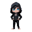 blue eyes with black suit and black hoodie covering half of blue gloawing eyes