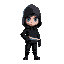 blue eyes with black suit and black hoodie covering half of blue gloawing eyes make the character all black and make him hold a krambit knife
