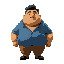fat bearish plump yellowish brownish guy in a blue jacket, black hair, small eyes, round big face