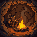 a warrior inside a cavern, sitted around a bornfire poking it with a woodenstick with dynamic light