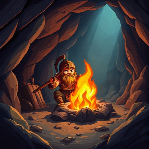 a warrior inside a cavern, sitted around a bornfire poking it with a woodenstick with dynamic light