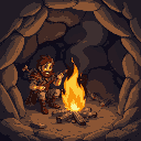 a warrior inside a cavern, sitted around a bornfire poking it with a woodenstick with dynamic ligf