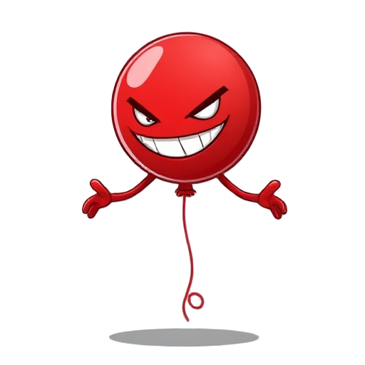 red ballon floating with two arms and a evil smile and 2 eyes, with weak colors, side view