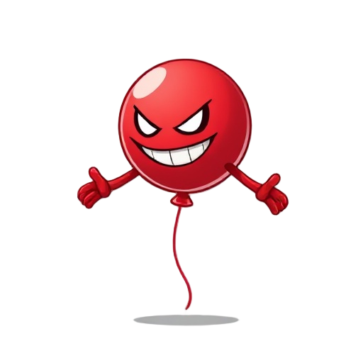 red ballon floating with two arms and a evil smile and 2 eyes, with weak colors, side view