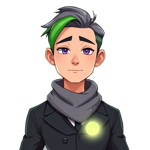 30-year-old fit human male, short gray hair with green streak, side-swept. gray and purple tired eyes. formal bartender outfit, gray scarf, glowing coil in chest