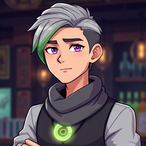 30-year-old fit human male, short gray hair with green streak, side-swept. gray and purple tired eyes. formal bartender outfit, gray scarf, glowing coil in chest
