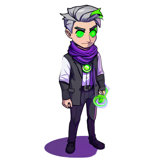 30-year-old fit human male, short gray hair with green streak, side-swept. gray and purple tired eyes. formal bartender outfit, gray scarf, glowing coil in chest