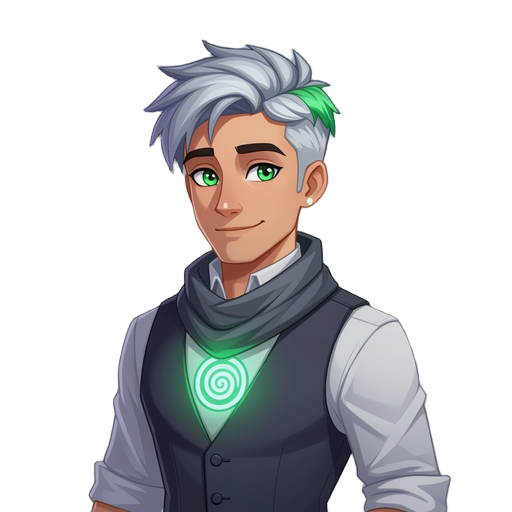30-year-old fit human male, short gray hair with green streak, side-swept. gray and purple tired eyes. formal bartender outfit, gray scarf, glowing coil in chest