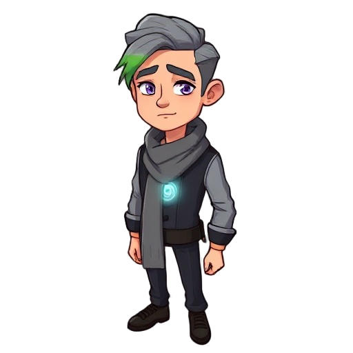 30-year-old fit human male, short gray hair with green streak, side-swept. gray and purple tired eyes. formal bartender outfit, gray scarf, glowing coil in chest